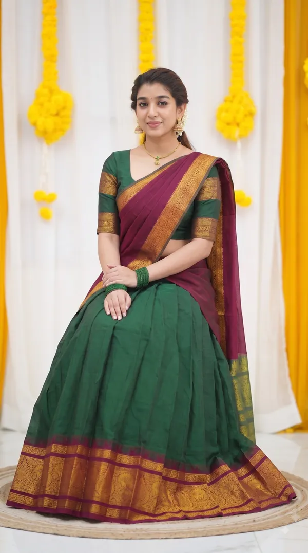 Traditional_Olive_Green_Half_Saree_with_Maroon_Dhavani
