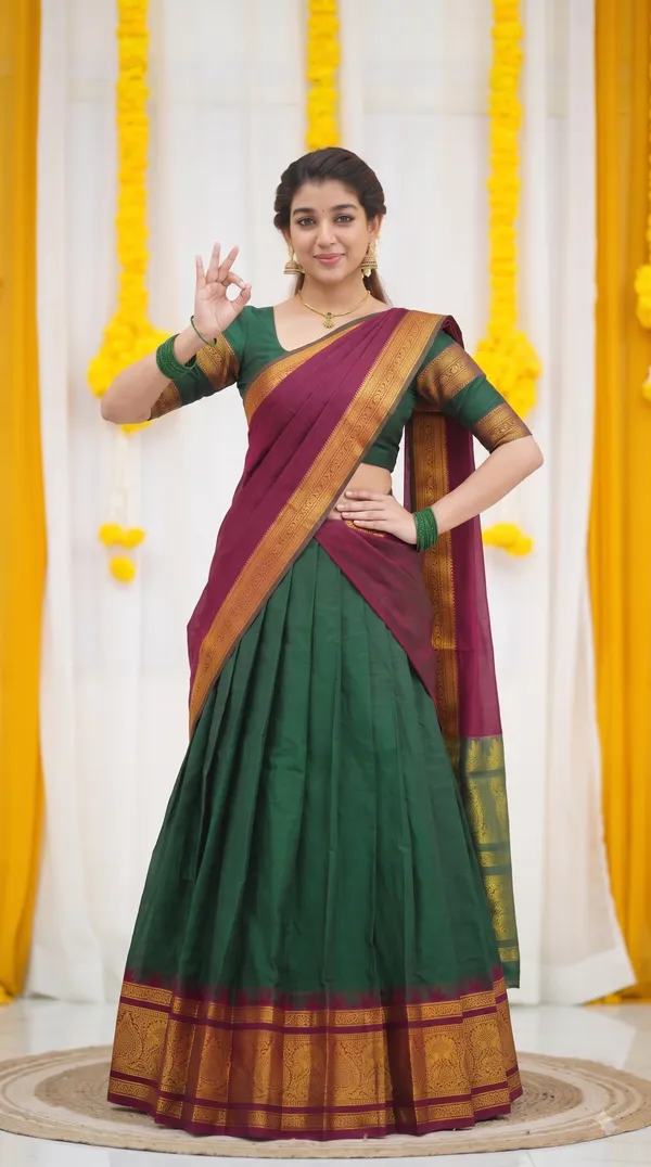 Traditional_Olive_Green_Half_Saree_with_Maroon_Dhavani