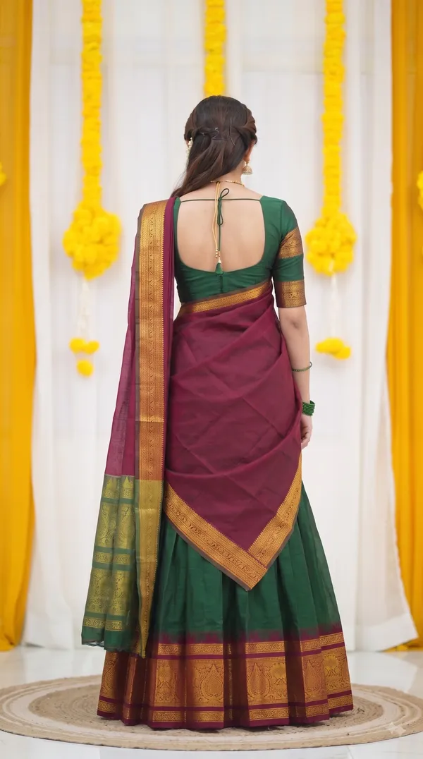 Traditional_Olive_Green_Half_Saree_with_Maroon_Dhavani