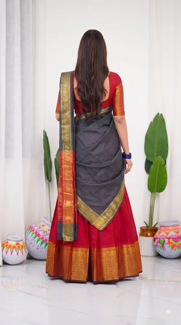 Traditional_Cherry_Red_Half_Saree_with_Black_Dhavani