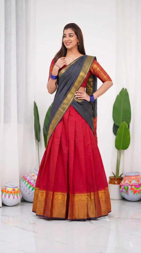 Traditional_Cherry_Red_Half_Saree_with_Black_Dhavani