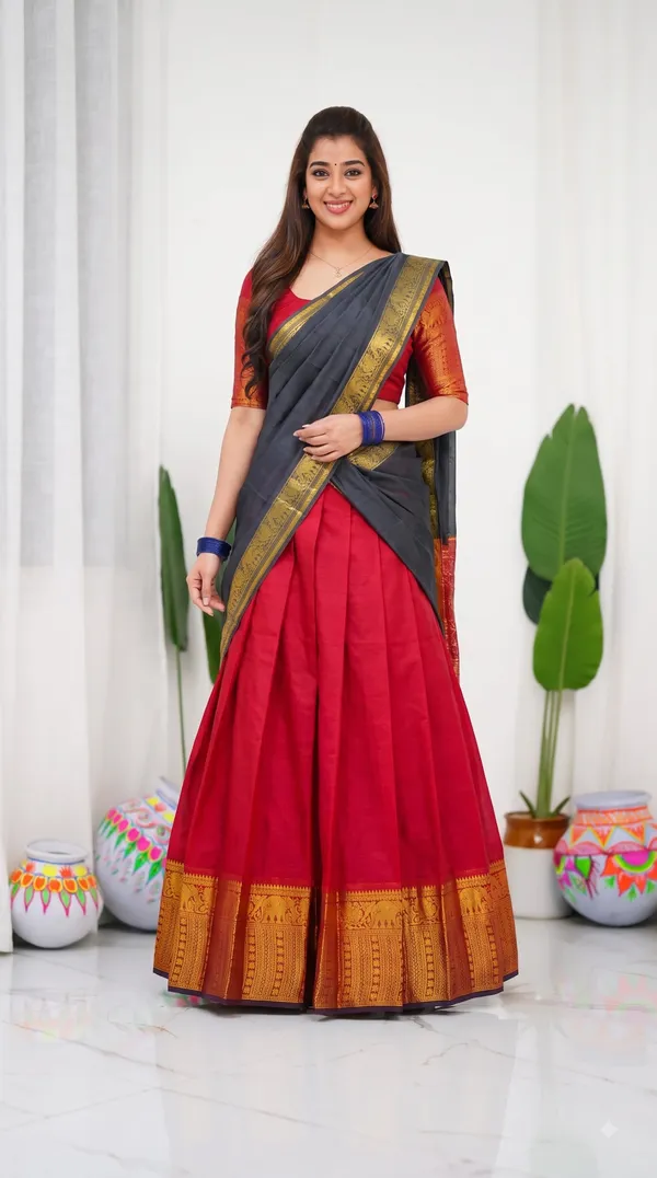 Traditional_Cherry_Red_Half_Saree_with_Black_Dhavani