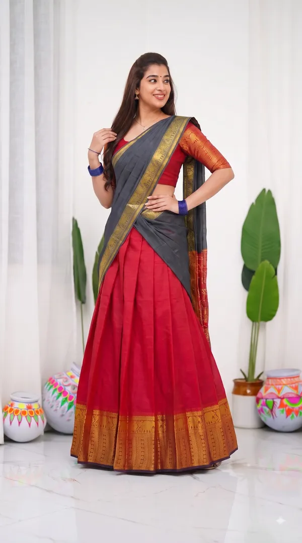 Traditional_Cherry_Red_Half_Saree_with_Black_Dhavani