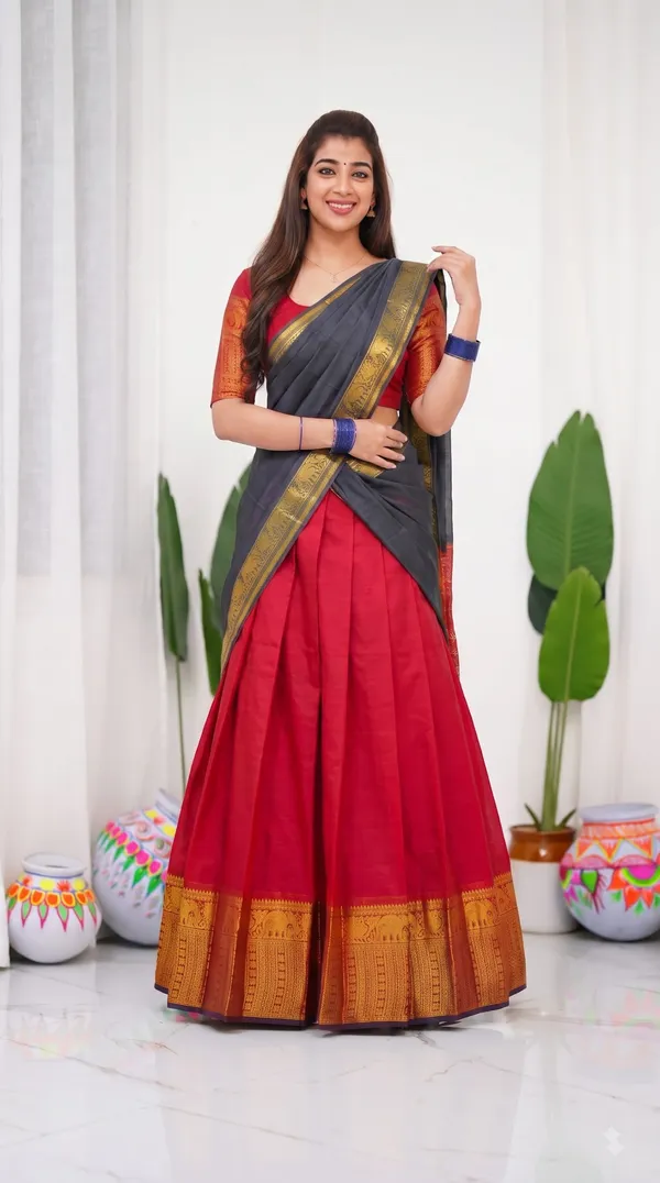 Traditional_Cherry_Red_Half_Saree_with_Black_Dhavani