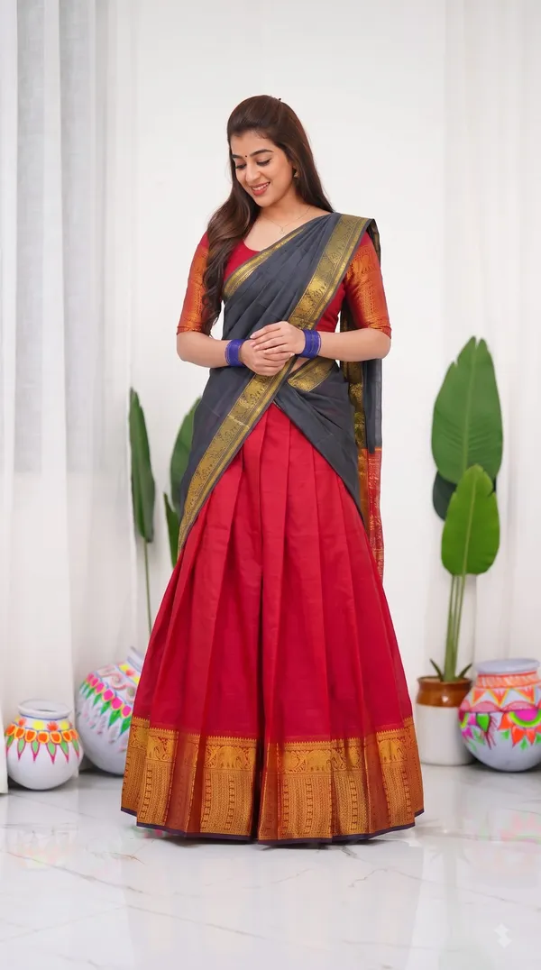 Traditional_Cherry_Red_Half_Saree_with_Black_Dhavani