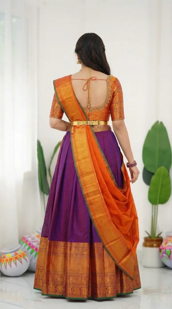 Kanjivaram_Silk_Zari_Half_Saree_stitched-Lehenga_With_Blouse_Along_With_Banarsi_Silk