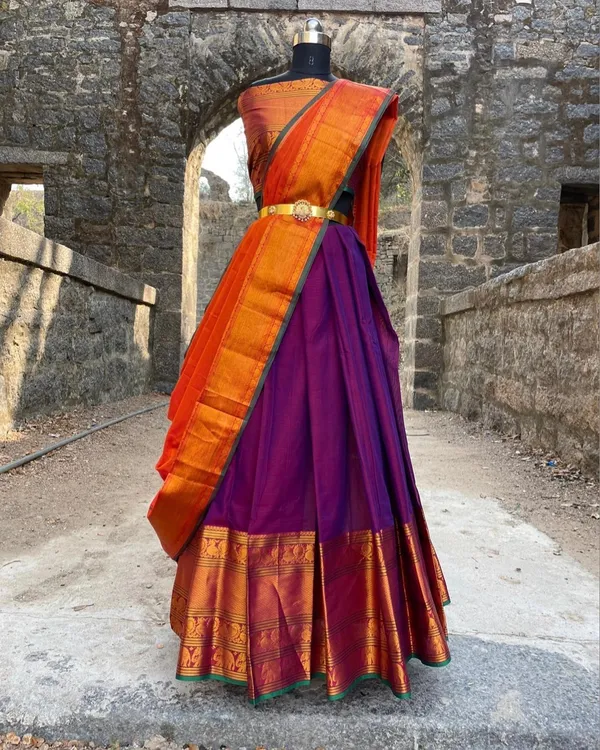 Kanjivaram_Silk_Zari_Half_Saree_stitched-Lehenga_With_Blouse_Along_With_Banarsi_Silk