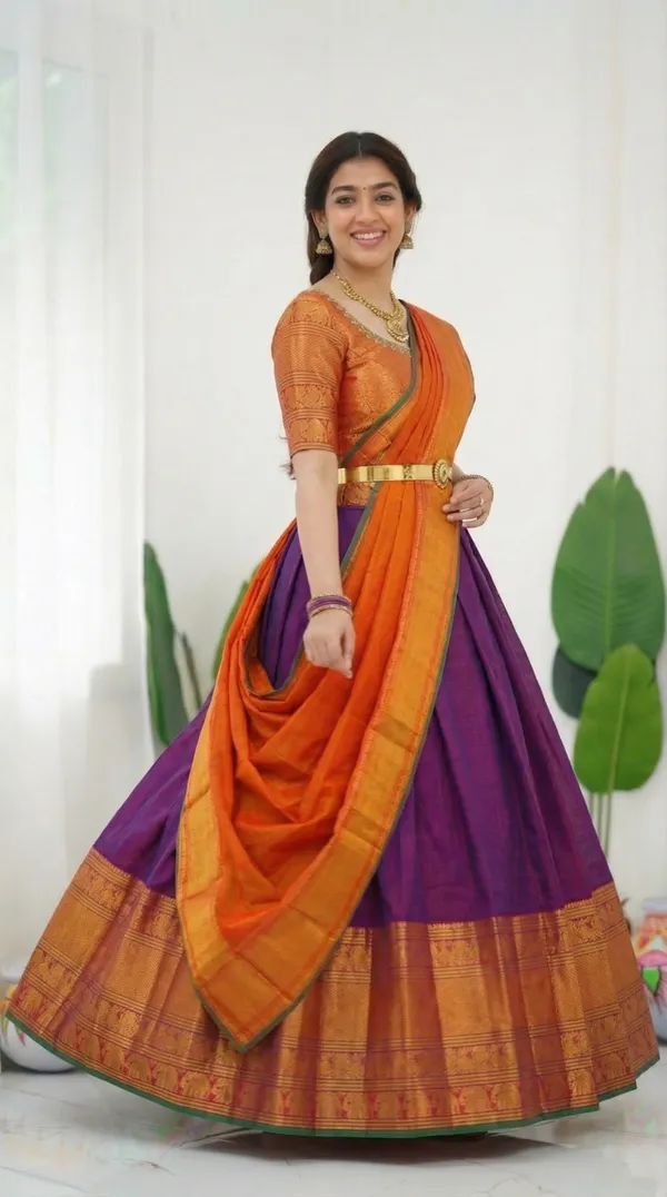 Kanjivaram_Silk_Zari_Half_Saree_stitched-Lehenga_With_Blouse_Along_With_Banarsi_Silk
