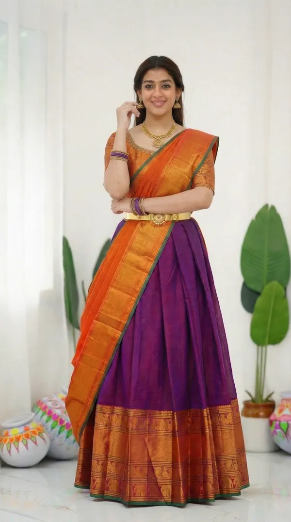 Kanjivaram_Silk_Zari_Half_Saree_stitched-Lehenga_With_Blouse_Along_With_Banarsi_Silk
