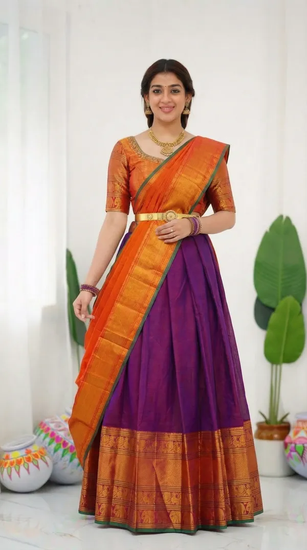 Kanjivaram_Silk_Zari_Half_Saree_stitched-Lehenga_With_Blouse_Along_With_Banarsi_Silk