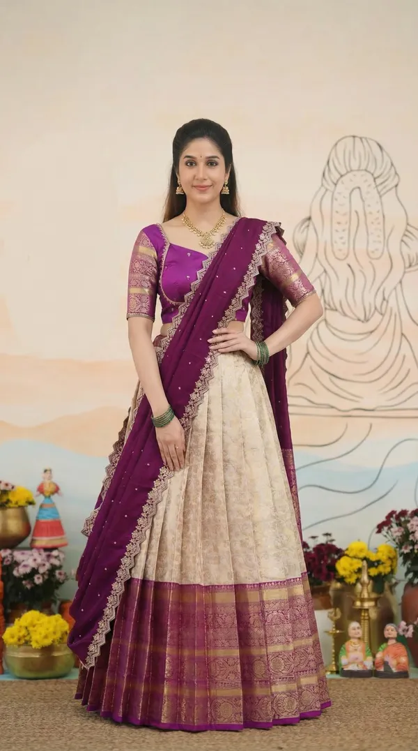Kanjivaram_Silk_Zari_Half_Saree_stitched-Lehenga_With_Blouse_Along_With_Banarsi_Silk