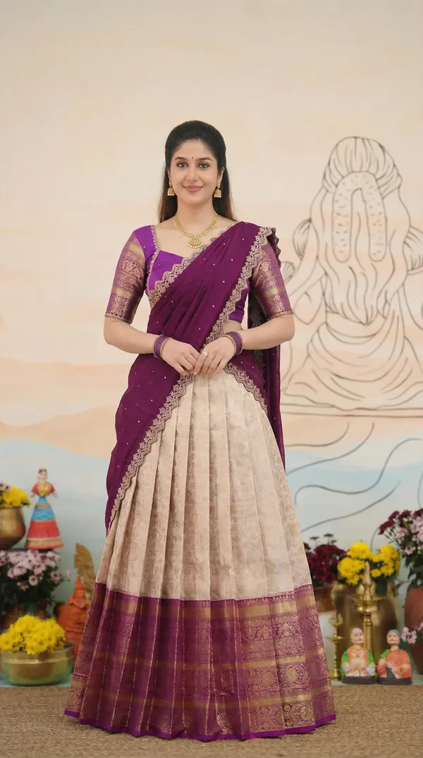 Kanjivaram_Silk_Zari_Half_Saree_stitched-Lehenga_With_Blouse_Along_With_Banarsi_Silk