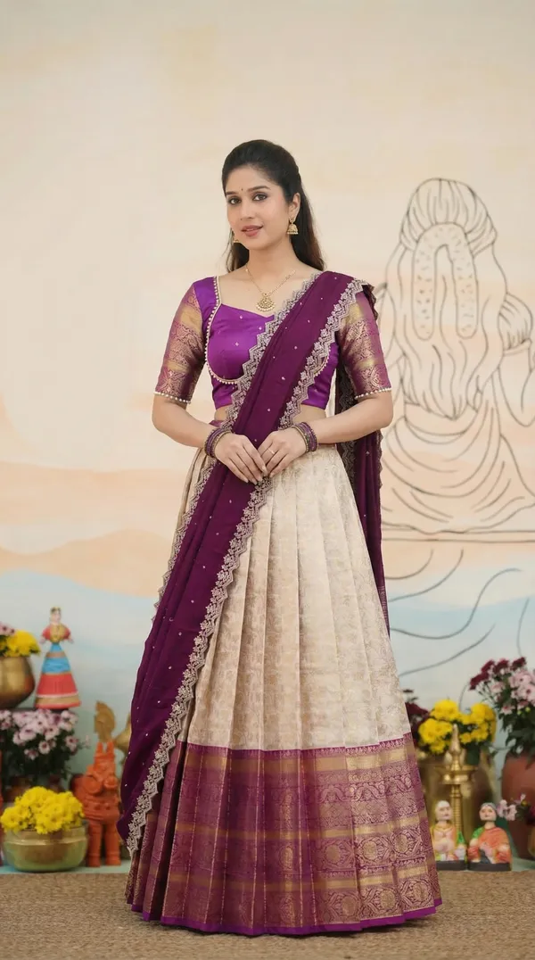 Kanjivaram_Silk_Zari_Half_Saree_stitched-Lehenga_With_Blouse_Along_With_Banarsi_Silk