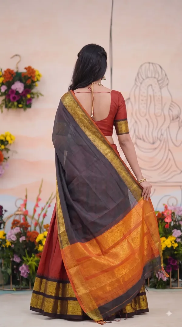 Traditional_Cherry_Red_Half_Saree_with_Black_Dhavani