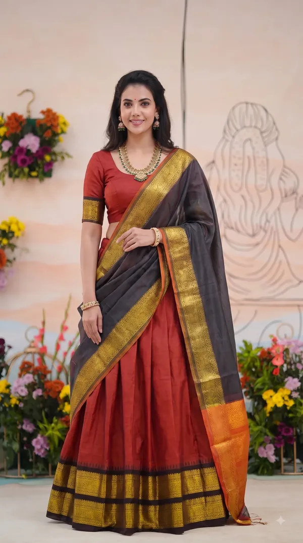 Traditional_Cherry_Red_Half_Saree_with_Black_Dhavani