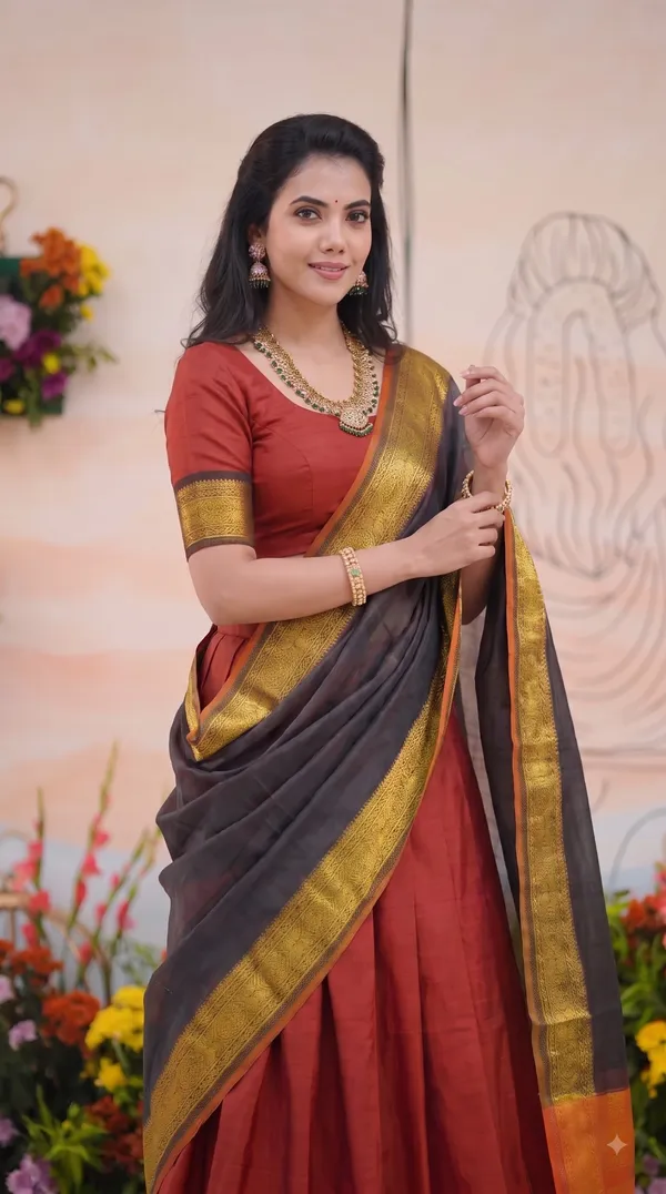 Traditional_Cherry_Red_Half_Saree_with_Black_Dhavani