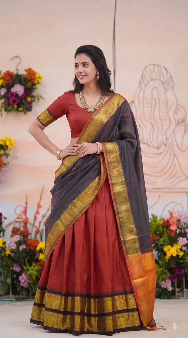 Traditional_Cherry_Red_Half_Saree_with_Black_Dhavani