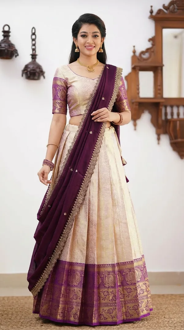 Kanjivaram_Silk_Zari_Half_Saree_stitched-Lehenga_With_Blouse_Along_With_Banarsi_Silk