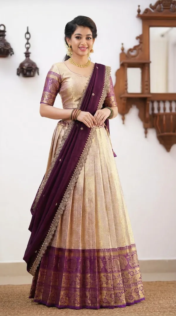 Kanjivaram_Silk_Zari_Half_Saree_stitched-Lehenga_With_Blouse_Along_With_Banarsi_Silk