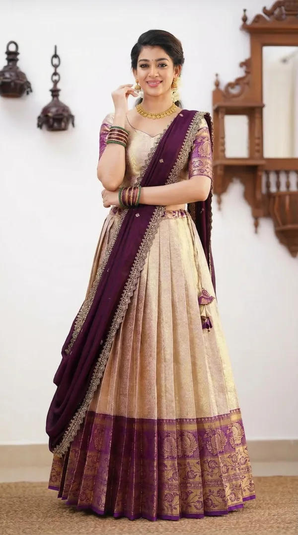 Kanjivaram_Silk_Zari_Half_Saree_stitched-Lehenga_With_Blouse_Along_With_Banarsi_Silk