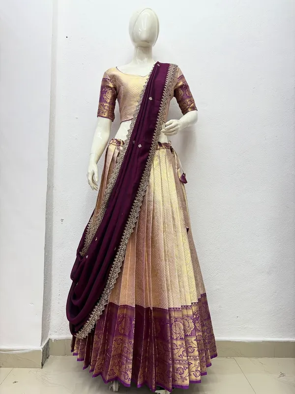 Kanjivaram_Silk_Zari_Half_Saree_stitched-Lehenga_With_Blouse_Along_With_Banarsi_Silk