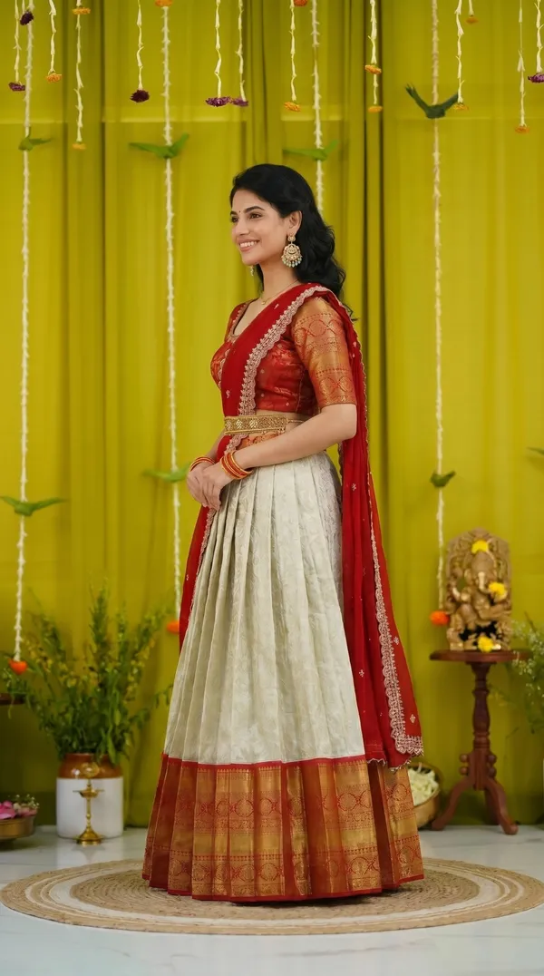 Kanjivaram_Silk_Zari_Half_Saree_stitched-Lehenga_With_Blouse_Along_With_Banarsi_Silk