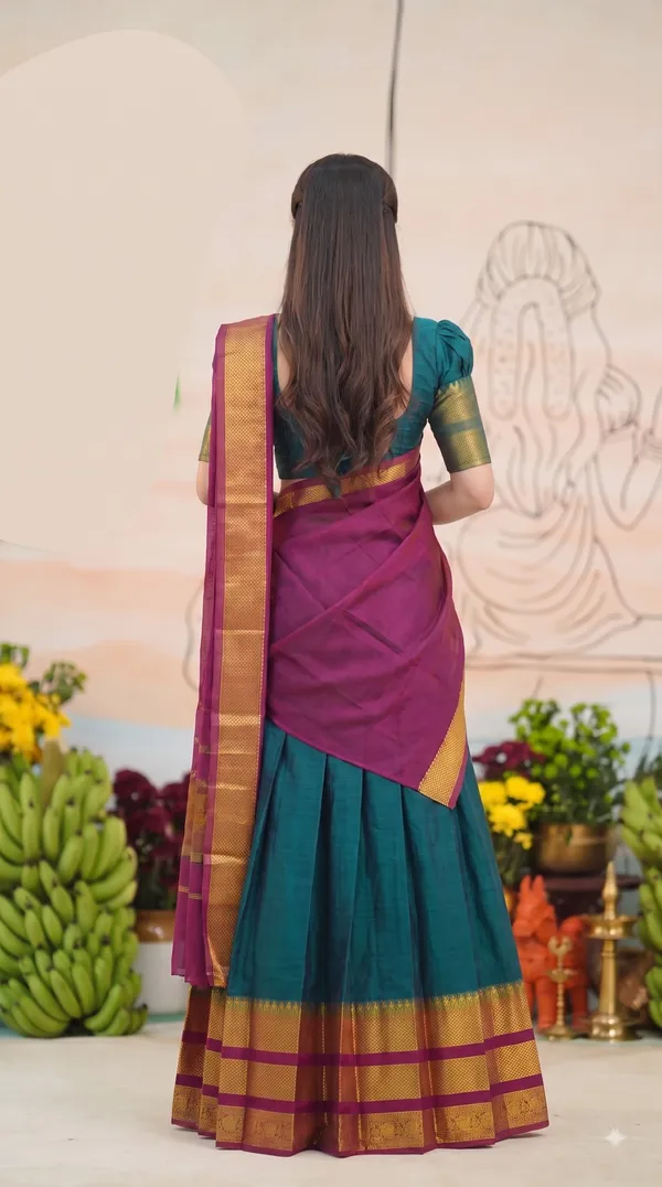 Traditional_Teal_Green_Half_Saree_with_Pink_Dhavani