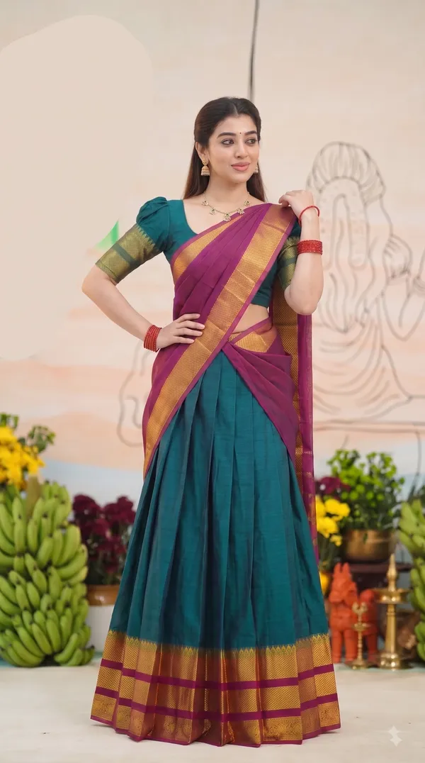 Traditional_Teal_Green_Half_Saree_with_Pink_Dhavani