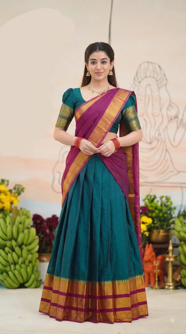 Traditional_Teal_Green_Half_Saree_with_Pink_Dhavani