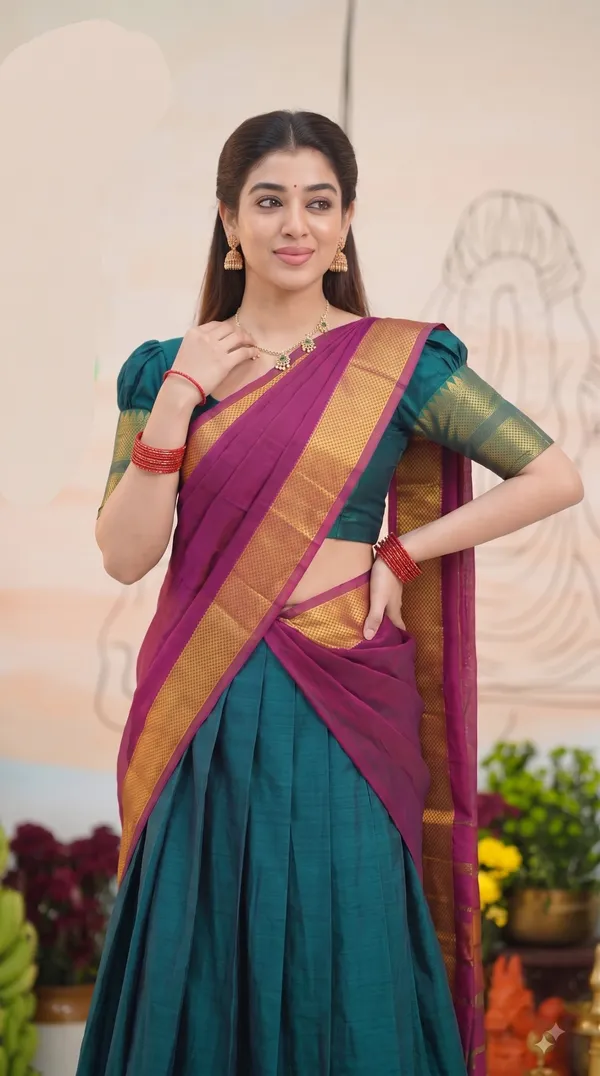 Traditional_Teal_Green_Half_Saree_with_Pink_Dhavani