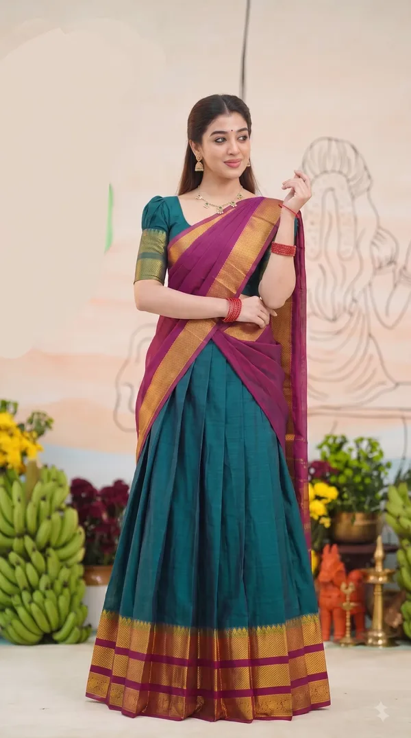 Traditional_Teal_Green_Half_Saree_with_Pink_Dhavani