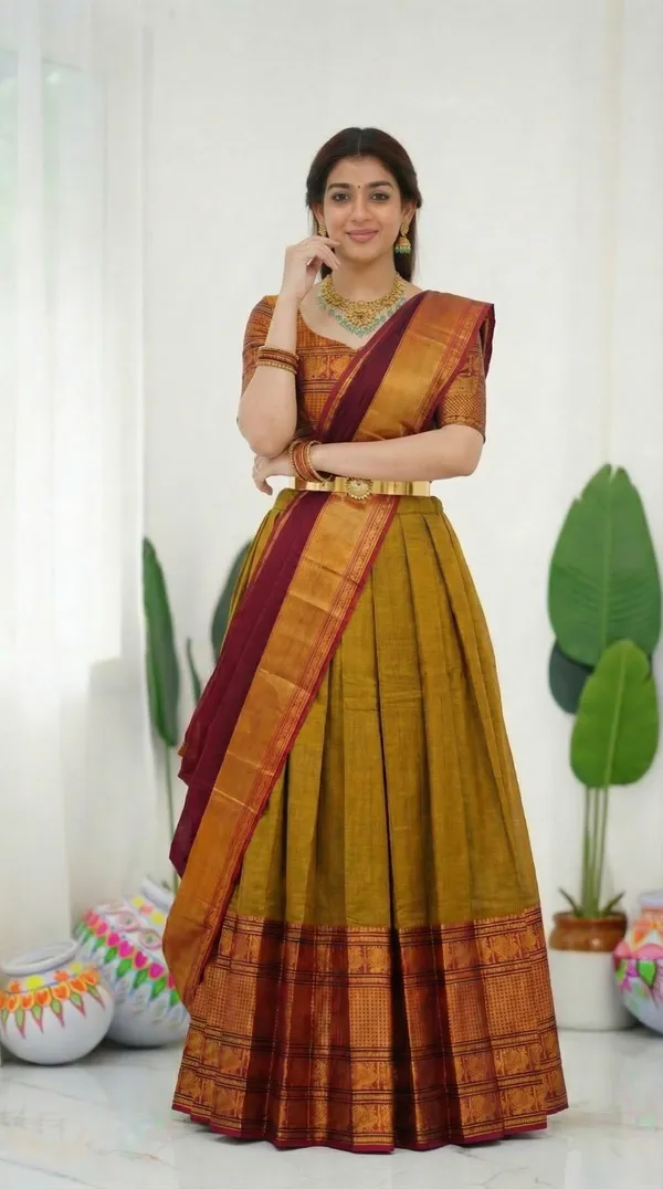 Kanjivaram_Silk_Zari_Half_Saree_stitched-Lehenga_With_Blouse_Along_With_Banarsi_Silk