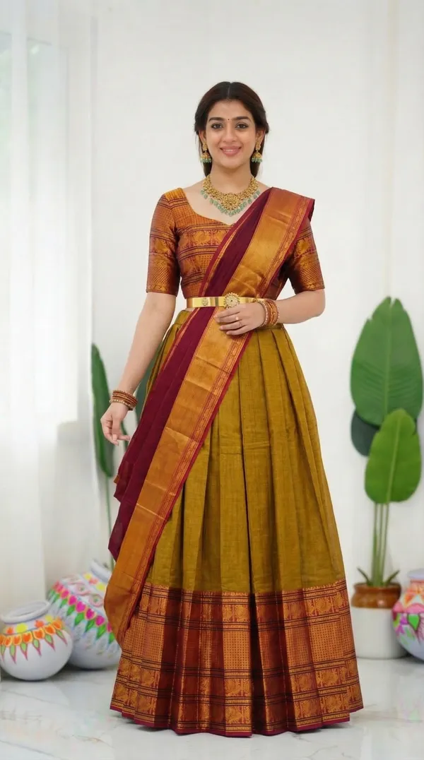 Kanjivaram_Silk_Zari_Half_Saree_stitched-Lehenga_With_Blouse_Along_With_Banarsi_Silk
