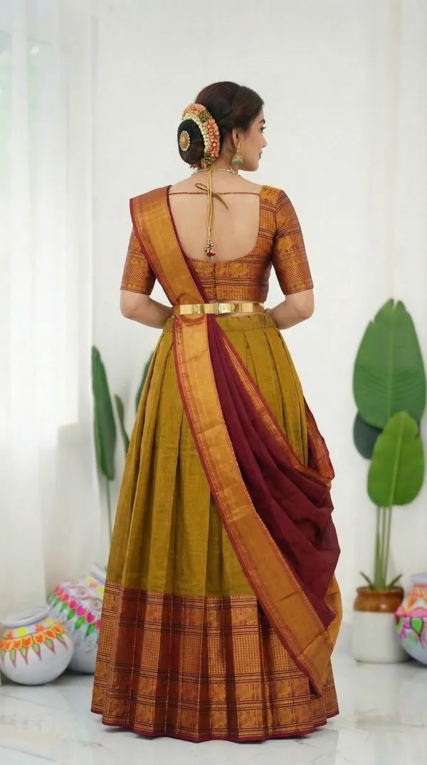 Kanjivaram_Silk_Zari_Half_Saree_stitched-Lehenga_With_Blouse_Along_With_Banarsi_Silk