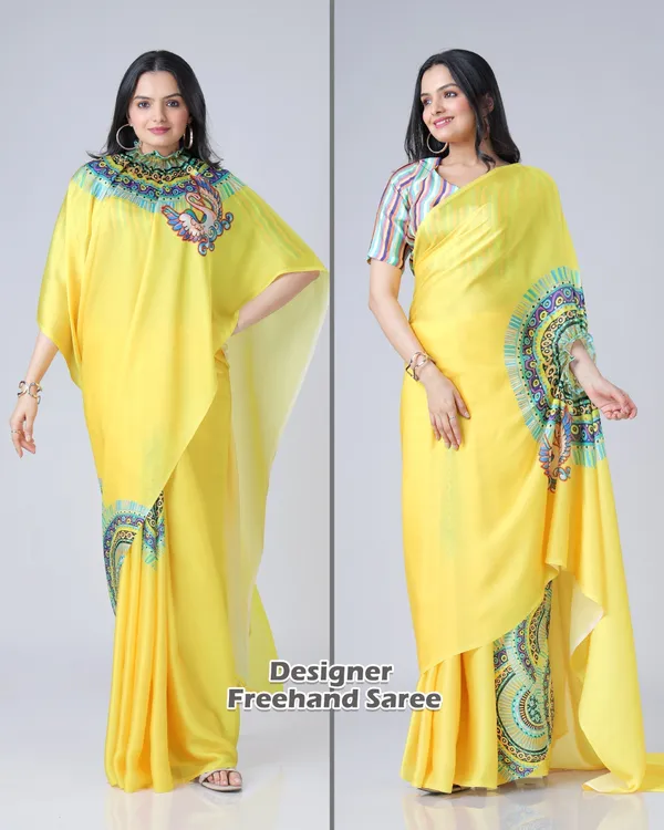 Sunshine_Yellow_Designer_Freehand_Swan_Print_Saree_in_Georgette_Satin