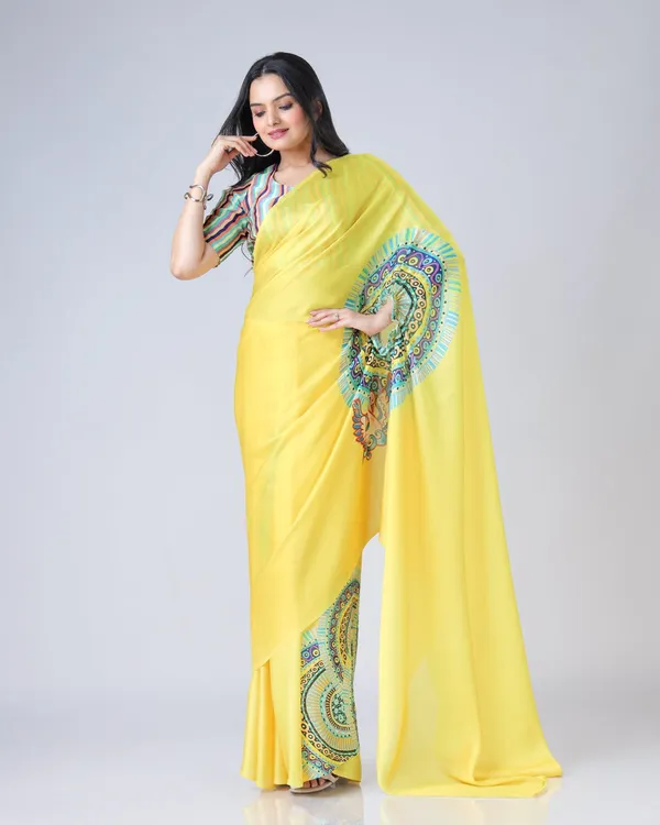 Sunshine_Yellow_Designer_Freehand_Swan_Print_Saree_in_Georgette_Satin