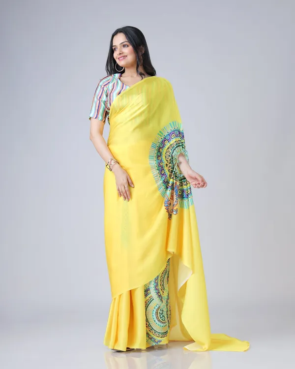 Sunshine_Yellow_Designer_Freehand_Swan_Print_Saree_in_Georgette_Satin
