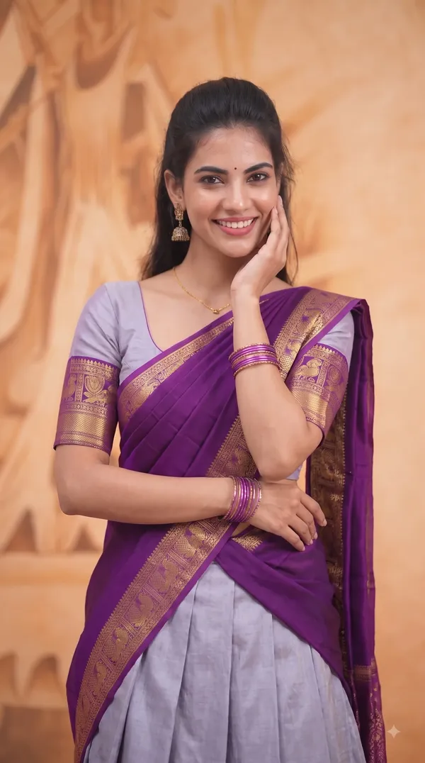 Traditional_Silver_Gray_Half_Saree_with_Wine_Dhavani