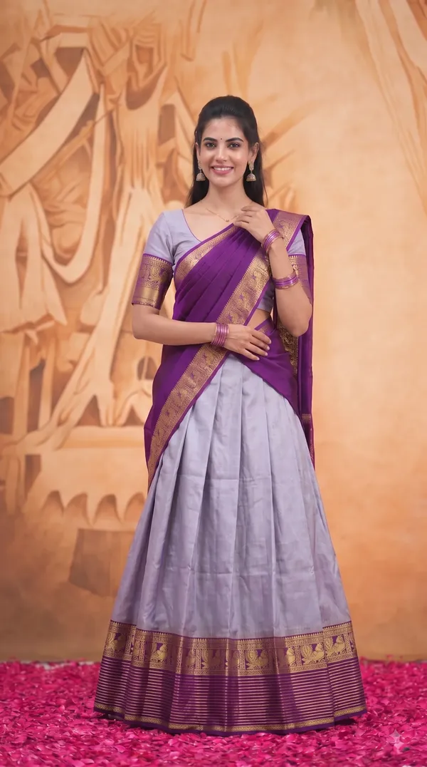 Traditional_Silver_Gray_Half_Saree_with_Wine_Dhavani