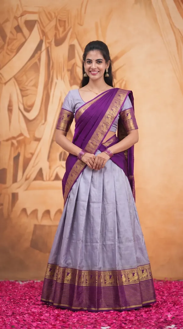 Traditional_Silver_Gray_Half_Saree_with_Wine_Dhavani