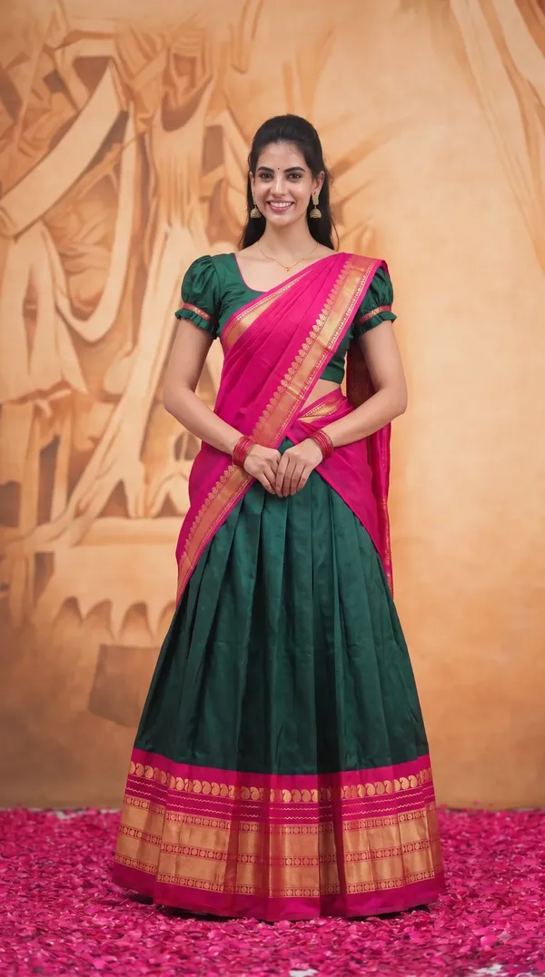 Traditional_Olive_Green_Half_Saree_with_Maroon_Dhavani