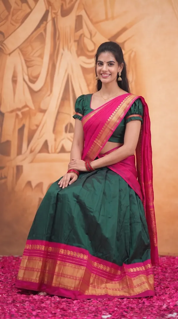 Traditional_Olive_Green_Half_Saree_with_Maroon_Dhavani