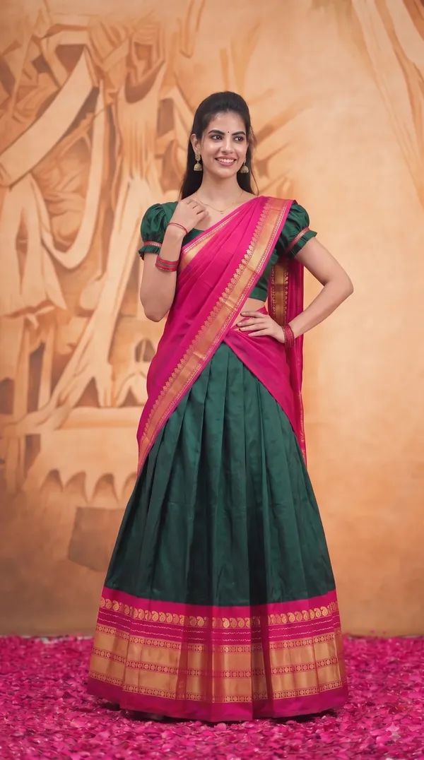 Traditional_Olive_Green_Half_Saree_with_Maroon_Dhavani