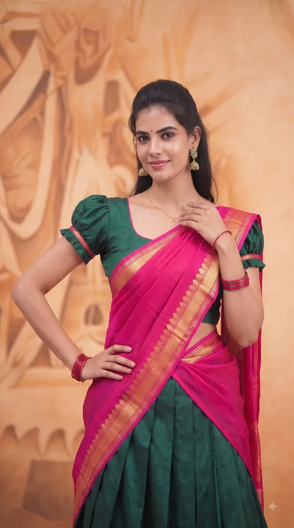 Traditional_Olive_Green_Half_Saree_with_Maroon_Dhavani