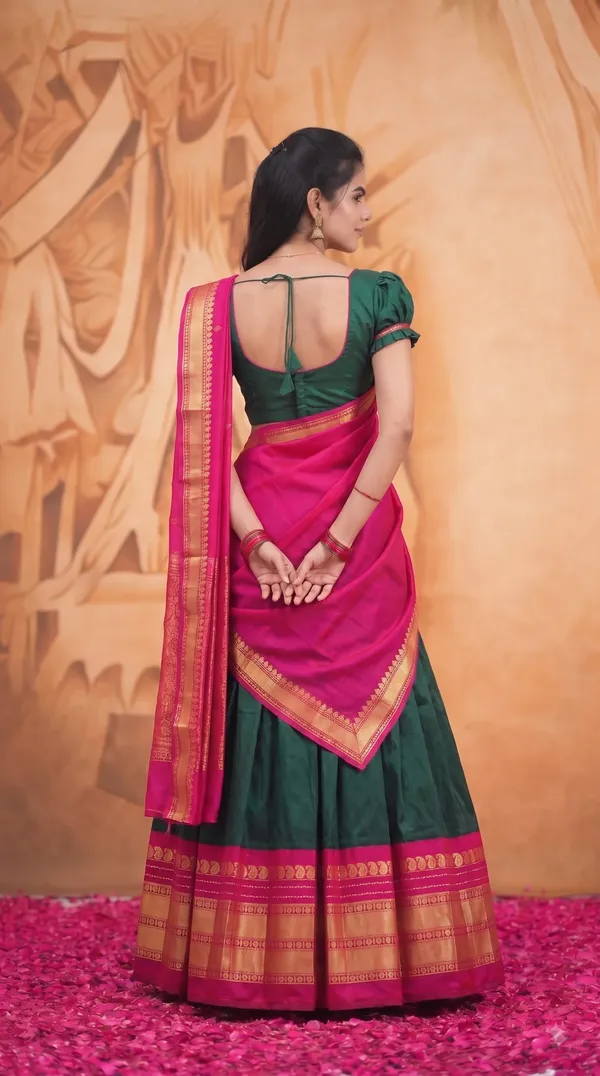 Traditional_Olive_Green_Half_Saree_with_Maroon_Dhavani