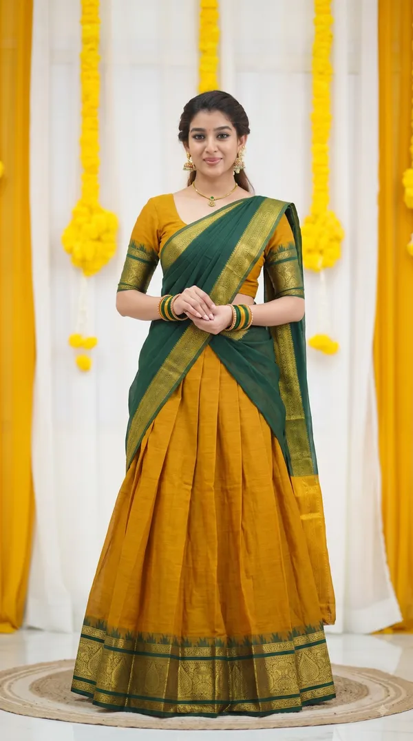 Traditional_Mustard_Gold_Half_Saree_with_Green_Dhavani