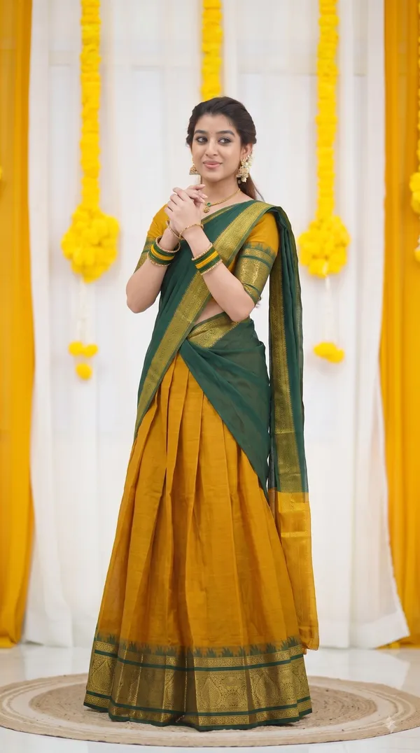 Traditional_Mustard_Gold_Half_Saree_with_Green_Dhavani