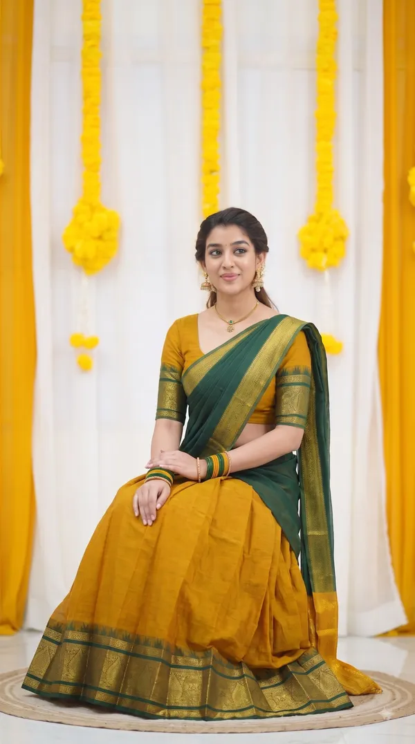 Traditional_Mustard_Gold_Half_Saree_with_Green_Dhavani