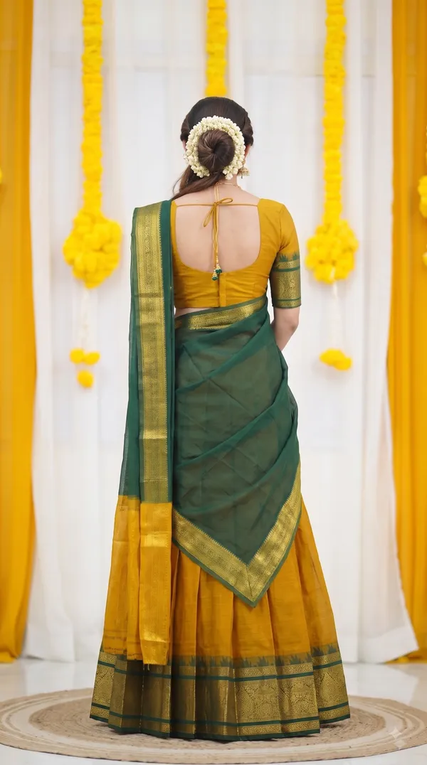 Traditional_Mustard_Gold_Half_Saree_with_Green_Dhavani
