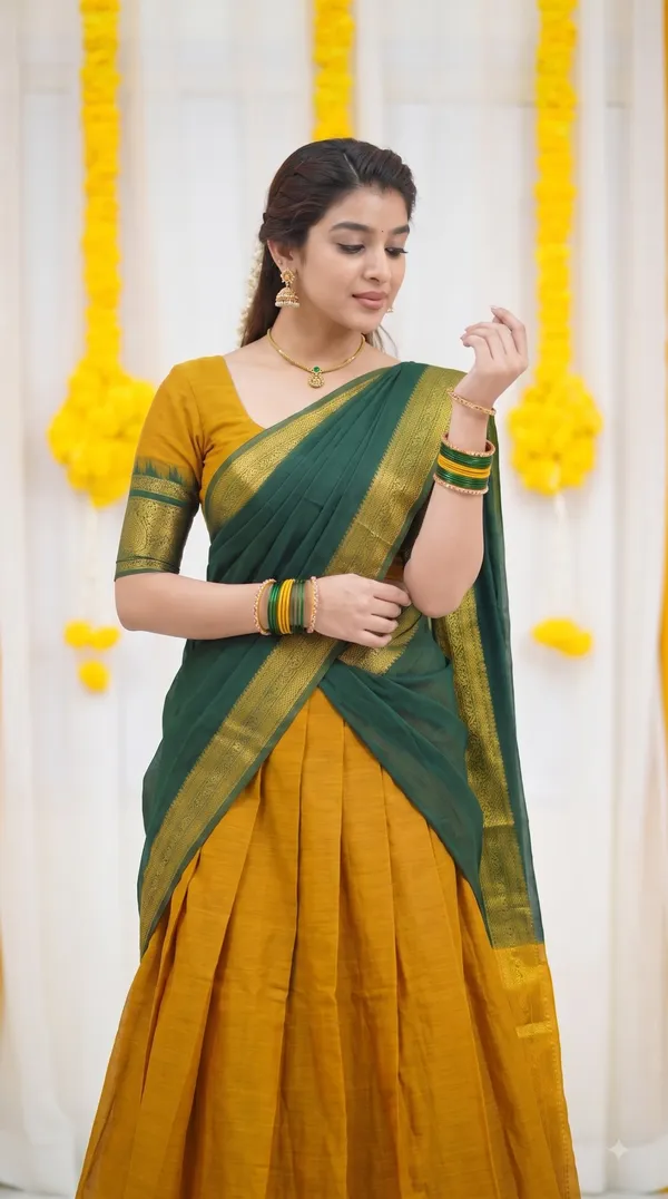 Traditional_Mustard_Gold_Half_Saree_with_Green_Dhavani